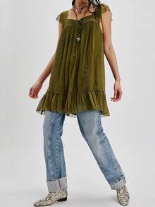 Women Flying Sleeve Babydoll Mini Dress Y2K Lace Trim Ruffle Flowy Dresses Summer Button Down Loose Swing Going Out Sundresses - Green - View 4