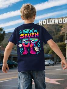 男童休闲印花圆领短袖T恤，夏季上衣 - 藏蓝色 - 查看 1