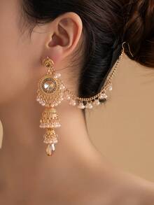 2pcs/Set Vintage Rhinestone Heart Pearl Bell Earrings & Hair Accessories, For Women Wedding Wear - White - View 8