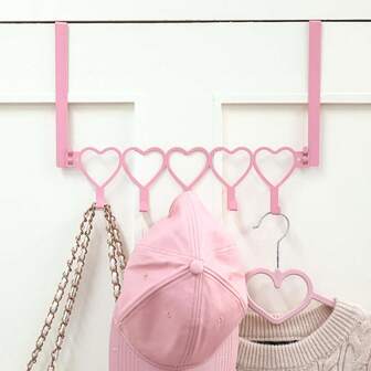 1pc Pink Heart/Bow Shape 5-Hook Over The Door Hanger Rack, Multi-Function Wardrobe Storage Organizer, Bedroom Bathroom Clothes Towel Bag Holder