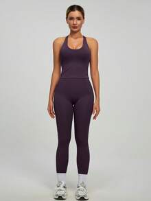 1 Set Women's Elastic Spaghetti Strap Criss-Cross Back Elastic Camisole And Pants Sports Suit - Purple - View 2