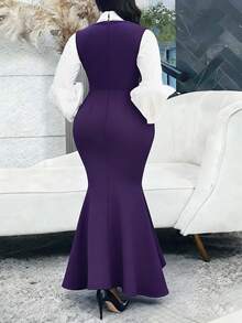 Đầm maxi dáng chữ A cổ chữ V đuôi cá màu tím dệt kim dành cho nữ cỡ lớn, đầm dạ hội mùa hè. - Màu tím - Xem 4