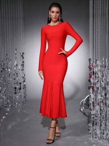 Women's Elegant Patchwork Mermaid Dress, Fitted Long Sleeve Bandage Dress, High-End Handmade Crystal Decor Party Gown, Luxury Celebrity Runway Dress, Evening Gown, Red Christmas Dress, New Year Dress - Red - View 8