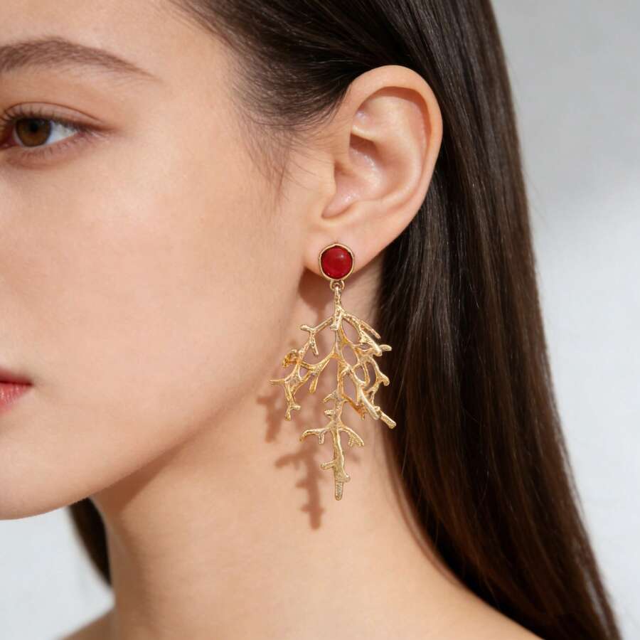 1 Pair Vintage Gold Coral Branch Earrings, Red Round Coral Stone Long Dangle Earrings, Asymmetrical Textured Coral Pendant Earrings, Bohemian Ocean Style Women Earrings