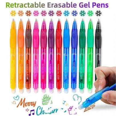 12-Color Erasable Gel Pens, Push-Button Design, Fine Tip, Multi-Color Ink, Ideal For Drawing, Writing And Planning