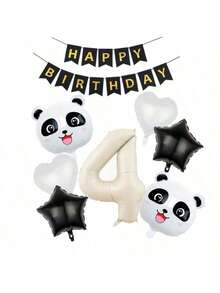 8pcs Cute Panda Head Foil Balloons, Cartoon Panda Balloons For Party Decoration, Paired With Black & White Hearts, Pentagram, Happy Birthday Letter Banner, Suitable For Panda Themed Birthday Party, Baby Shower, Gender Reveal, Anniversary And Other Celebrations - Beige - View 12