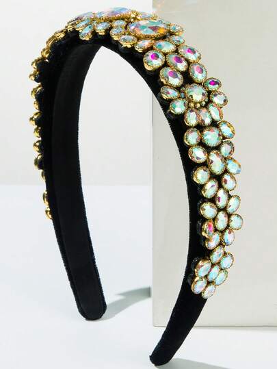 1件黑色天鹅绒复洛克风格发箍，饰有奢华水钻，优雅适合派对和晚宴佩戴