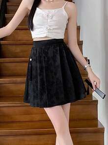 Tres dimensiones patrón de diseño sentido primavera y el verano de cintura elástica falda plisada cintura alta jacquard de moda de color sólido bustier falda shorts mujer - Negro - Ver 1