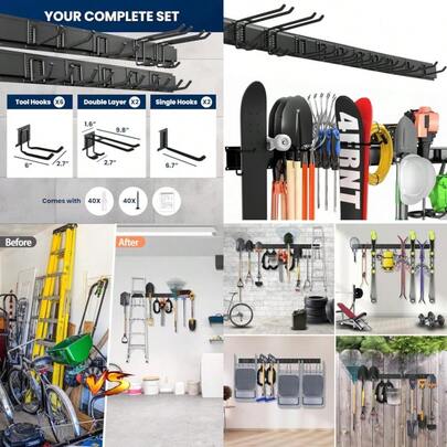 64 Inches Garage Tool Organizer Wall Mount With 10 Adjustable Heavy-Duty Hooks Garage Organization Garden Tool Storage Rack For Garage Yard And Shed Holds Up To 400 Lbs