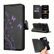 Purple Vines And Butterflies Patterned Magnetic Flip-Style Card Holder Phone Case Is Made Of Leather And Is Compatible With IPhone 17/17 Pro Max/17 Air/16/15/14/13/12/11. It's An Ideal Gift For Christmas, New Year's, Valentine's Day, And Easter, And Perfect For Boyfriends, Girlfriends, And Family. - 黑色 - 查看 1