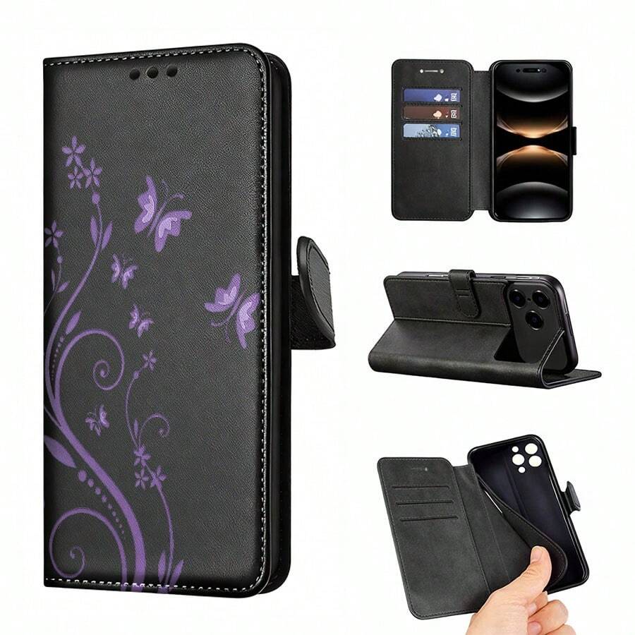 Purple Vines And Butterflies Patterned Magnetic Flip-Style Card Holder Phone Case Is Made Of Leather And Is Compatible With IPhone 17/17 Pro Max/17 Air/16/15/14/13/12/11. It's An Ideal Gift For Christmas, New Year's, Valentine's Day, And Easter, And Perfect For Boyfriends, Girlfriends, And Family. - 黑色 - 查看 1