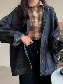 Cazadoras & abrigos mezclilla para mujer Prenda exterior 2026 Estilo coreano Oversize Versátil Casual Ropa de trabajo Top - Negro - Ver 5