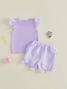 Girls 2 Piece Easter Outfits Short Sleeve O Neck Letter Embroidery Tops Plaid Shorts Sets - Purple - View 2