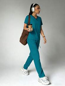 Scrubs For Women Set - Contrast Collar Scrub Top & Jogger Pant,Fashion Nurse Uniform,High Repurchase Rate! - Lake Blue - View 1