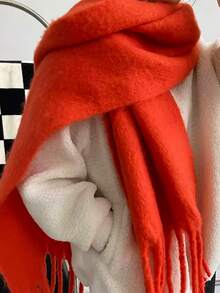 1pc Solid Color Scarf, Warm Neck Wear, Thick Knitted Fringed Shawl, Suitable For Winter - Orange - View 2