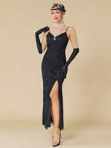 Women Sleeveless Off Shoulder Split 1920s Great Gatsby Cami Maxi Dress Long Dress - Black - View 4