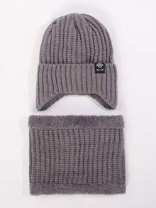 1 Set Teenage Knitted Hat & Scarf Set - Thermal Lined, Warm, Cute For Daily Wear, Ribbed Knit Design - Hat + Scarf - View 3