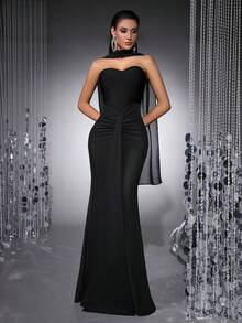 女士无肩带V领绷带紧身连衣裙，优雅心形领网纱拼接荷叶边连衣裙，鸡尾酒会舞会礼服，晚礼服 - 黑色 - 查看 9