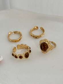 4pcs Vintage Gold Metal Rings Set, Elegant Brown Gemstone Inlaid Rings, Suitable For Layering, Women's Daily, Party, Holiday, Gift (Resin Gemstone Color & Pattern Random) - Yellow Gold - View 5