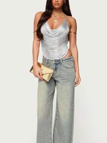 Women's Solid Color Halter Neck Backless Fringed Party Top, Women's Solid Color Fringed Street Style Top - Light Grey - View 3