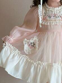 Random Embroidery Girls Dress New Style Elegant Children Young Girl Long Sleeve Princess Tulle Dress - Baby Pink - View 5