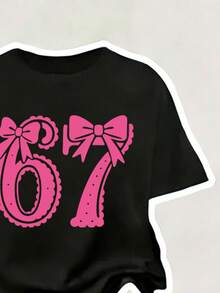 女童数字蝴蝶结印花短袖T恤和喇叭裤套装 - 黑色 - 查看 6