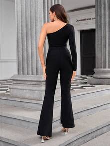 Mono negro de manga larga con un hombro, con brillos y adornos de strass, para mujeres en fiestas de cumpleaños, bailes de graduación, eventos de moda, bodas y citas - Negro - Ver 2