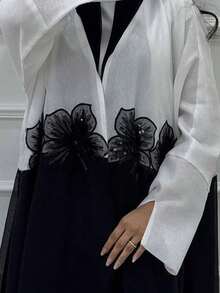 Women's Fashion 3D Applique Crinkle High-End Elegant Arabic Robe, Headscarf Not Included - White - View 6