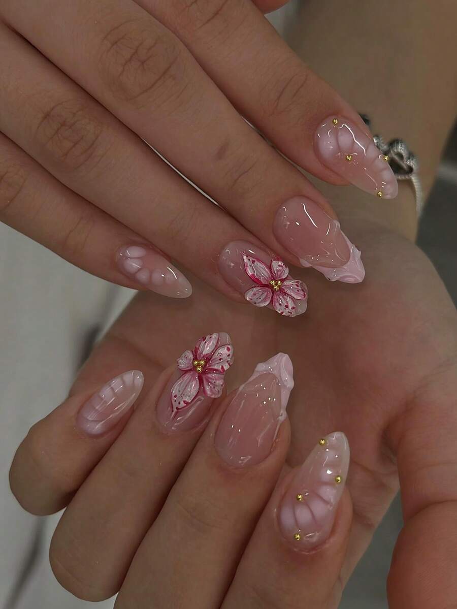 24片短款杏仁形假指甲，粉色花卉法式美甲，可爱铬合金亚克力按压式凝胶美甲套装（包含：1片果冻凝胶和指甲锉），适合女性日常约会和派对。 - 彩色 - 查看 1