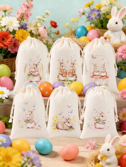 6个装复活节抽绳礼品袋，复活节抽绳背包，兔子、花朵、蝴蝶图案，礼品包装袋，抽绳收纳袋，礼品包装袋，复活节彩蛋寻宝派对用品，复活节快乐装饰，复活节兔子装饰，复活节礼物，收纳整理