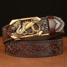 Multicolored Western Cowboy Genuine Leather Belt - V Buckle Dragon Pattern Automatic Buckle Belt Men Fashion Retro Waist Strap Decoration Floral Engraved For Jeans Belt - 樣式類型4 - 查看 11
