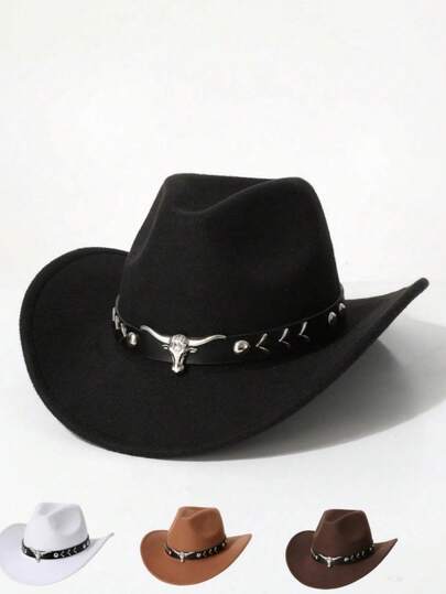 1pc Unisex Retro Felt Cowboy Hat With Silver & Turquoise Decoration, Wide Brim Fashion Cap Suitable For Horse Riding, Rodeo, Music Festivals, Bars, Gifts And Daily Wear