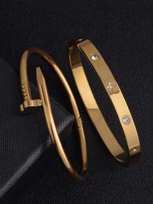 两件套不锈钢时尚手链，18K镀金女士饰品，适合日常佩戴，可作为送给女友、妻子、女儿、女性朋友的礼物。 - 金色 - 查看 15