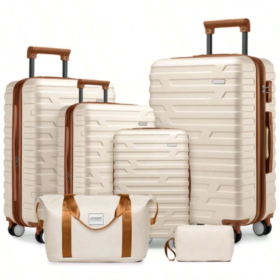6-Piece Luggage Set With Duffel Bags, Expandable Hard-Shell Suitcases With Spinner Wheels And TSA Lock, Cream Color - 奶油色+棕色 - 查看 1