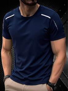 Men's Elastic Breathable Running T-Shirt, Minimalist Design, Suitable For Spring And Summer - Navy Blue - View 1