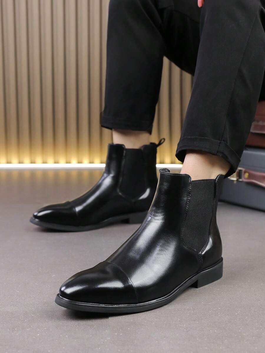 2025 New Men's Chelsea Boots, Black Pointed Ankle Boots, Business Leather Boots, Casual Ankle Boots, High-Top Men's Shoes, Sleeve Men's Boots - Black - View 1