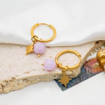 18K镀金不锈钢天体石耳环，独特设计天然石八角星吊坠耳环，适合女性日常佩戴