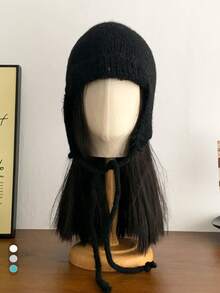 1pc Knit Hood Beanie Hat For Women, Winter, Niche, Flattering, Tie-Up Ear Warmer, Warm, Petite Trapper Hat, Lake Green