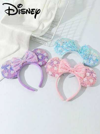Disney 1 pieza Diadema con orejas de Minnie y Mickey Mouse con patrón de corazón degradado, adecuada como accesorio de disfraz para fiestas y vacaciones, diadema con lazo, regalo de Navidad y Halloween