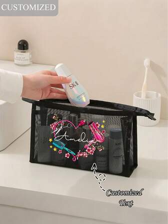 Personalized Name/Text/Logo Mesh Cosmetic Bag, Multi-Functional Minimalist Makeup Organizer Pouch, Mesh Makeup Bag, Portable Travel Storage Zipper Bag, Home, Office, Travel Toiletry Cosmetic Bag, Bohemian Style For Halloween