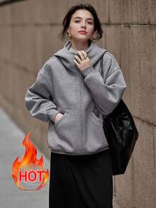 女士宽松加厚外套，带帽，运动外套，带口袋，适合冬季、春季和秋季穿着 - 灰色 - 查看 10