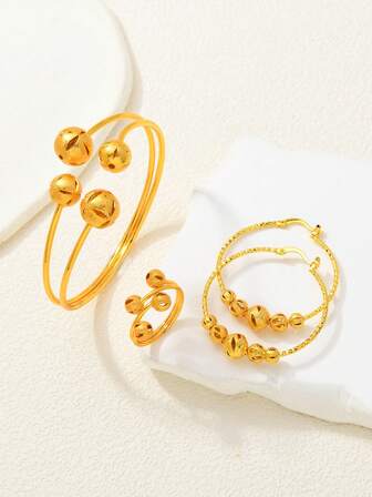 Juego de joyería de 3 piezas de lujo y vintage chapado en oro - Pulsera de brazalete con cuentas redondas lisas, anillo, aretes, juego de joyería de boda para mujer