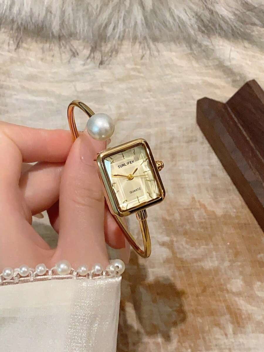 1pc Vintage Luxury Gold/Silver Color Elegant Quartz Bracelet Watch For Women, Fashionable Minimalist Design For Daily Wear, Birthday Gift - Vàng - Xem 1