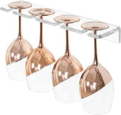MyGift Wine Glass Rack Wall Mounted, Hanging Stemware Storage For 4 Glasses, Champagne Glass Holder For Party, Kitchen, Bar, Whiskey Flute Display Clear Acrylic