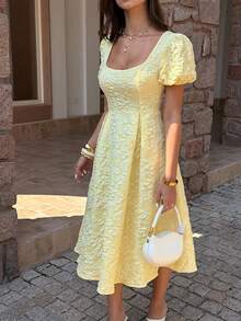 Unadoll 女士春夏方领泡泡袖露背拉链提花面料优雅连衣裙，适合约会、度假、生日、外出、情人节等场合。 - 黃色 - 查看 6
