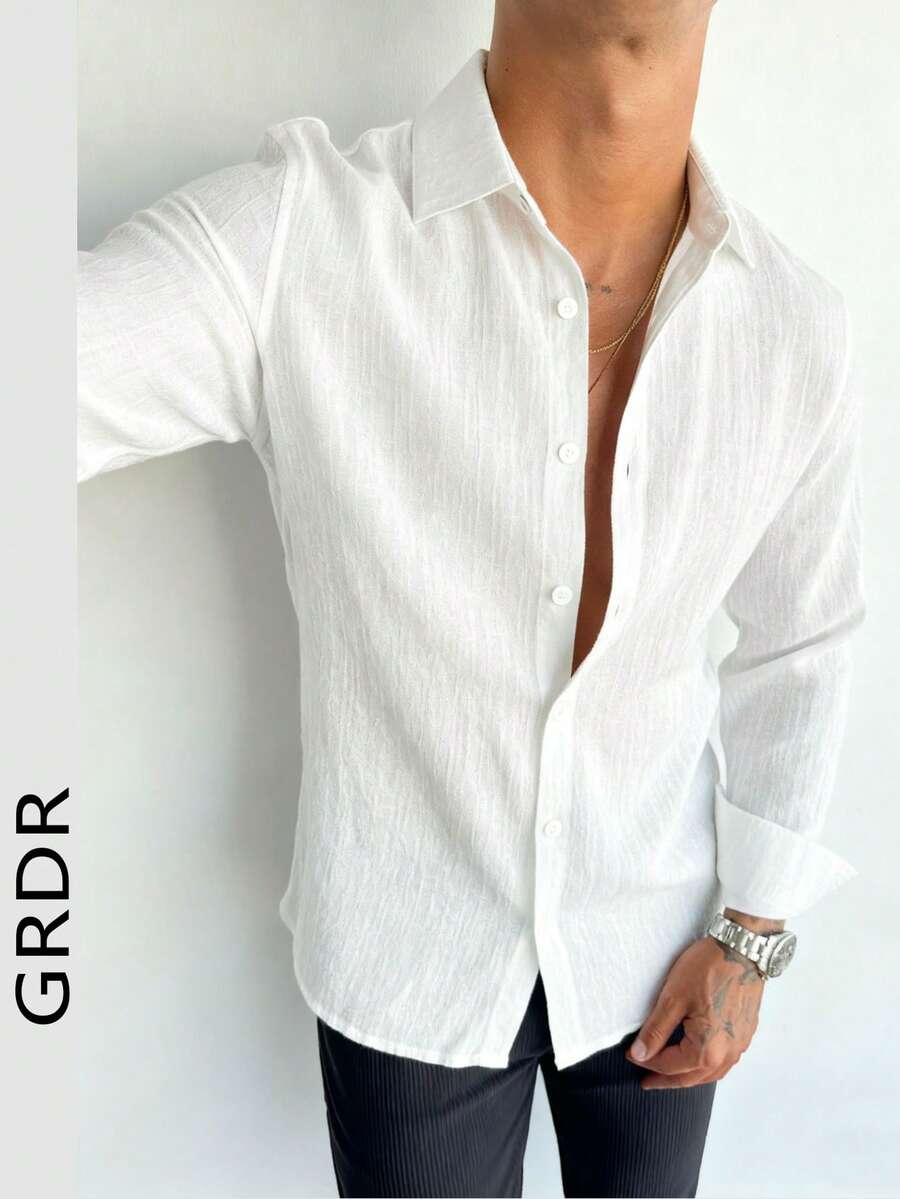 GRDR 男士休闲长袖衬衫 | 精致设计 | 夏季必备 | 易于搭配，展现您的风格 - 白色 - 查看 1