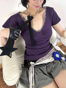 Women Y2k Vintage Fairy Grunge Cute V Neck T Shirt Short Sleeve Crop Top Bow Polka Dot Bowknot Tops Coquette Summer Preppy Aesthetic Clothes 2000s Streetwear For Teen Girls - 紫色 - 查看 3