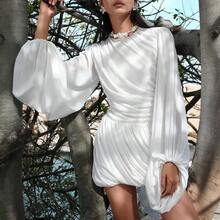 2026 European And American New Sexy Fashion Women's Fashion Casual Pleated Solid Color Long Sleeve Lantern Sleeve Dress - trắng - Xem 6