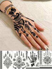 4 Blatt schwarze Henna Tattoos für die Hand, wasserfeste Spitzenblumen Henna Temporäre Tattoos für Frauen, Hochzeit, Körperkunst Aufkleber, Reise, Festival, Party Make-up Dekoration - Schwarz - Übersicht 9