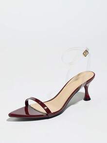Sandales à bride à la cheville en PVC à bout pointu et talon kitten sexy pour femmes. Talons hauts élégants, matures et séduisants en vin rouge polyvalents, confortables et doux brillants. Idéaux pour la boîte de nuit, les fêtes, l'extérieur, les voyages, la maison, la fête des mères, la Saint-Valentin, l'Action de grâce, le Nouvel An chinois, Noël. - Rouge foncé - Voir 4